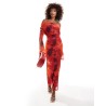ASOS DESIGN cowl front mesh maxi dress with flare sleeve in red floral smudge print